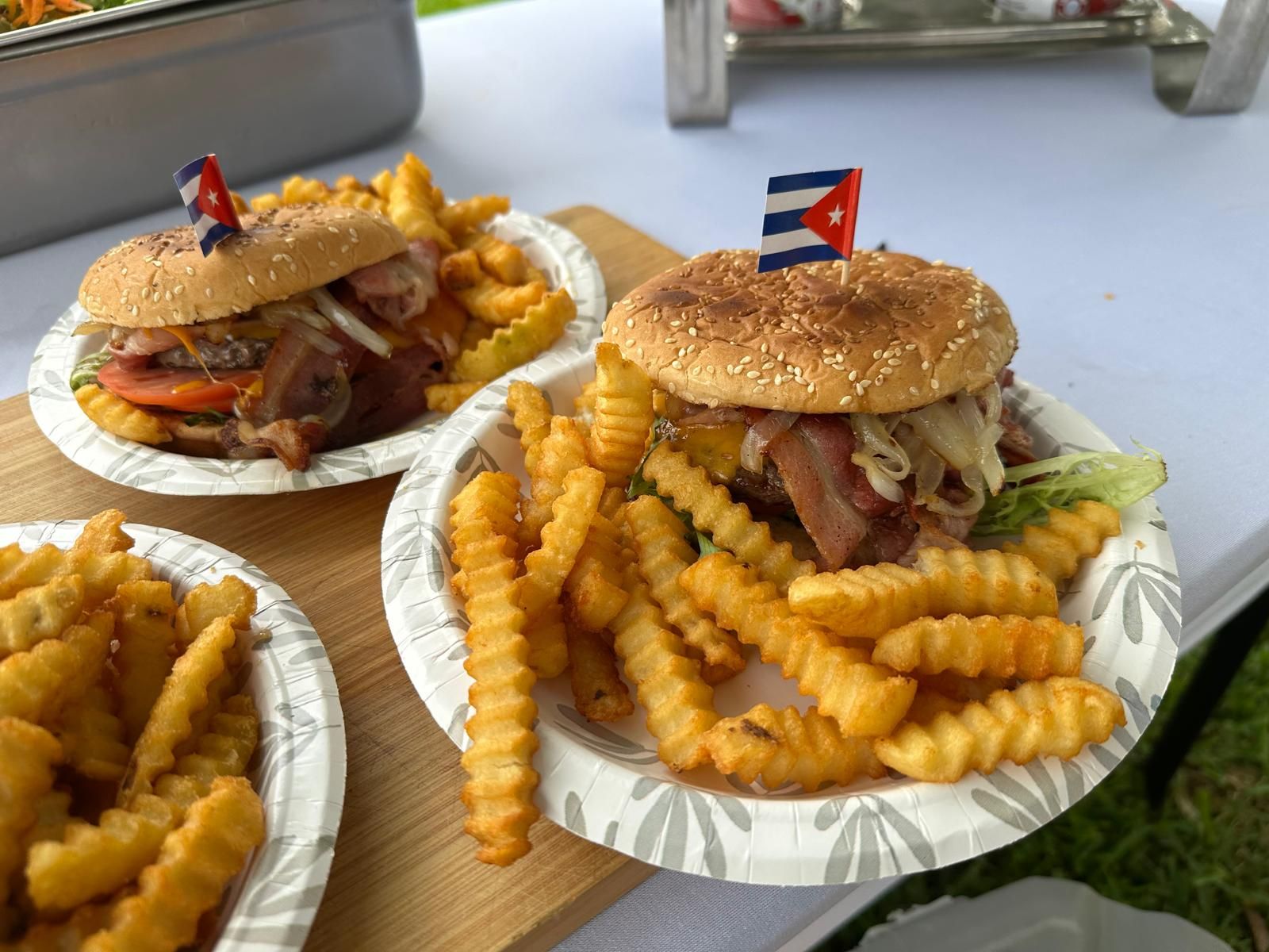 Burgers with Cuban flags and crinkle fries